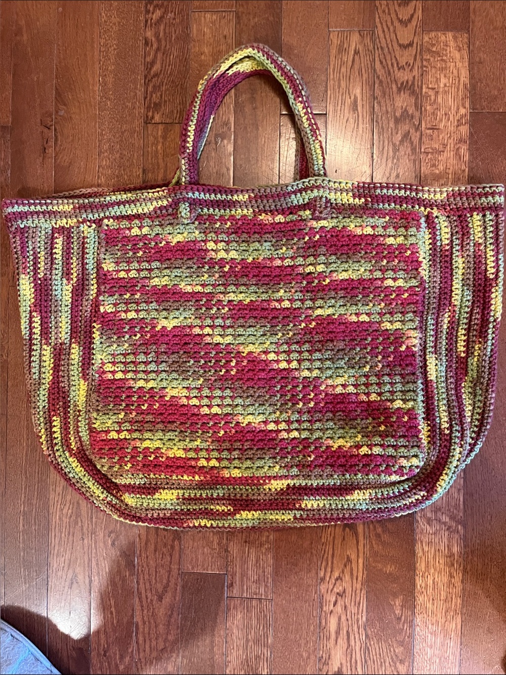 Handmade  large Crochet Tote Bag in Pink & Green * yellow accents